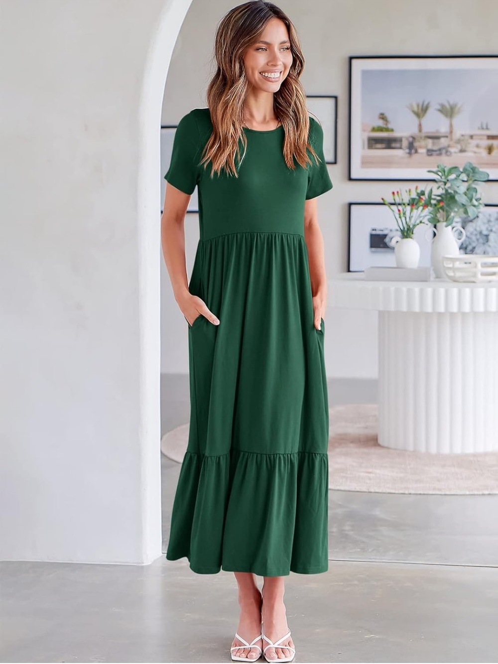 Women’s Dark Green Maxi Dress with Short Sleeves and Pockets